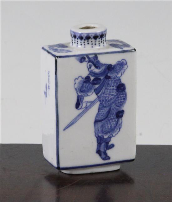 A Chinese blue and white inscribed rectangular snuff bottle, Qianlong mark, 1830-1900, 6.9cm